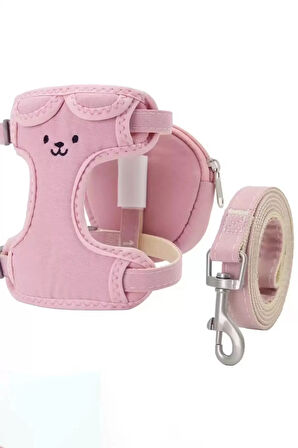 Caş Dekorasyon Pembe Renk Ayıcık Figürlü Çantalı Bel Göğüs Ayarlanabilir Kedi/Köpek Tasma