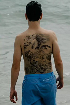 Caş Dekorasyon Kurt ve Kadın Modelli Geçici Sırt Dövme Tattoo
