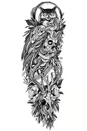 Caş Dekorasyon Geçici Baykuş Ve Kuru Kafa Figürlü Dövme Tattoo