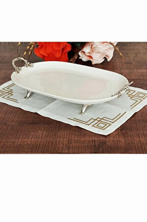 Kulplu Ayaklı Oval Porselen Sunum Tabağı Servis Tabağı Sunumluk-37x24 Cm