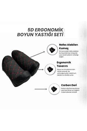 5D Ergonomik Oto Boyun Yastığı Seti 2 Adet Siyah Kırmızı