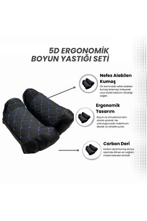 5D Ergonomik Oto Boyun Yastığı Seti 2 Adet Siyah Mavi