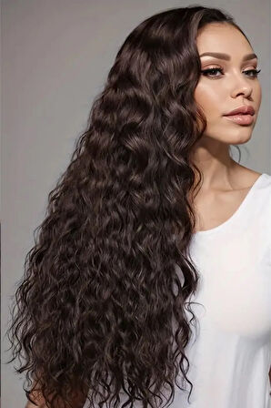Caş Dekorasyon Isıya Dayanıklı Yıkanabilir Yarımay ÇıtÇıt Saç 4#Kahverengi-Dalgalı-60Cm-110 Gr+2 Adet YanÇıtÇıtSaç