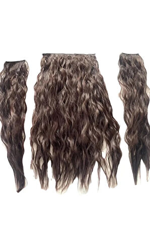 Caş Dekorasyon Isıya Dayanıklı Yıkanabilir Yarımay ÇıtÇıt Saç 4#Kahverengi-Dalgalı-60Cm-110 Gr+2 Adet YanÇıtÇıtSaç