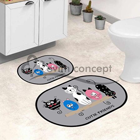 Sevimli Kedi Banyo Paspası, Kedili Banyo Paspası, Kaymaz Taban Banyo Paspası, Yazılı Klozet Takımı, Klozet Takımı, Yıkanabilir Klozet Takımı, Dekoratif Banyo Paspası, Gri Klozet Takımı