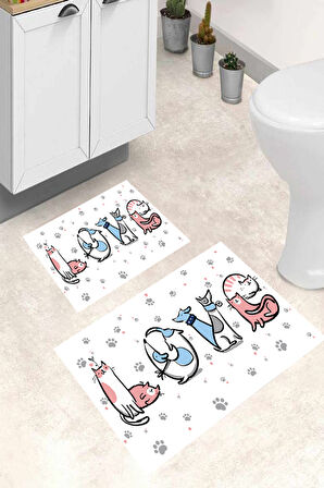 Love Yazılı Kedi Desen Banyo Paspas Takımı, Beyaz Banyo Paspası, Pati Desen Paspas, Kaymaz Taban Banyo Paspası, Klozet Takımı, Yıkanabilir Klozet Takımı, Dekoratif Banyo Paspası,