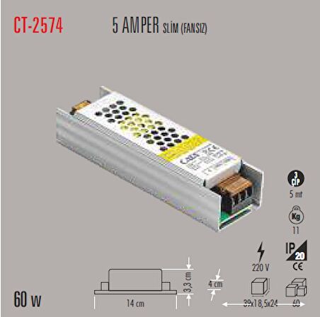 CATA 5 Amper Şerit Led Trafosu 60W CT-2574