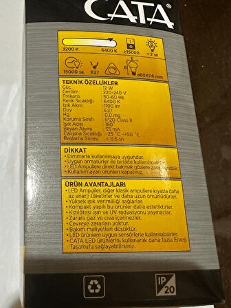 Cata CT-4278 12W 6400K (Beyaz Işık) Dimlenebilir E27 Duylu Led Ampul (8 Adet)