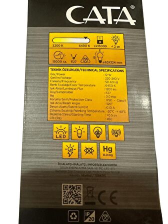 Cata CT-4259 12W 6400K (Beyaz Işık) Sensörlü E27 Duylu Led Ampul (2 Adet)