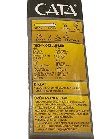 Cata CT-4080 7W 6400K (Beyaz Işık) E14 Duylu Led Kıvrık Buji Ampul