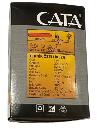 Cata CT-4071 1W Kırmızı Işık E27 Duylu Top Gece Led Ampul (2 Adet)