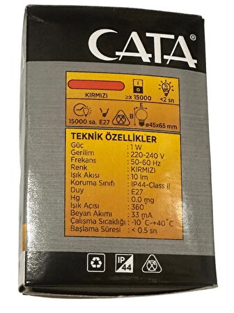 Cata CT-4071 1W Kırmızı Işık E27 Duylu Top Gece Led Ampul (8 Adet)