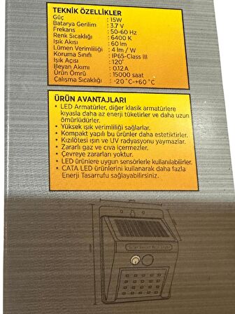 Cata CT-7330 15W 6400K (Beyaz Işık) Sensörlü Solar Güneş Panelli Led Aplik