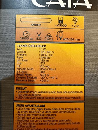 Cata CT-4059 5W (Amber Işık) E27 Duylu Led Alev Ampul (2 Adet)