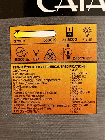 Cata CT-4288 4W 2700K (Günışığı) E27 Duylu Led G45 Filament Ampul (4 Adet)