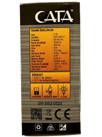 Cata CT-4261 2W 3200K (Günışığı) E14 Duylu Mini Led Ampul