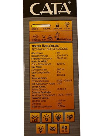Cata CT-4092 8W 3200K (Günışığı) E14 Duylu Led Ampul (8 Adet)
