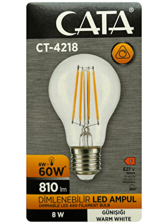 Cata CT-4218 8W (60W) 3000K (Sarı Işık) Dim Edilebilir E27 Duylu (Kalın Duy) Led Filament Ampul