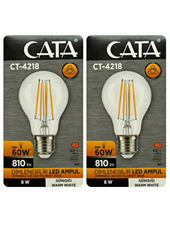 (2 Adet) Cata CT-4218 8W (60W) 3000K (Sarı Işık) Dim Edilebilir E27 Duylu (Kalın Duy) Led Filament Ampul