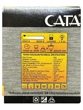 (6 Adet) Cata 9W (50W) Sarı Işık (3000K) Dim Edilebilir GU10 Duylu Led Spot Ampul