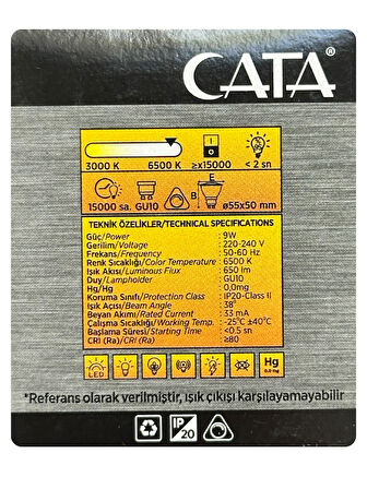(6 Adet) Cata 9W (50W) Beyaz Işık (6500K) Dim Edilebilir GU10 Duylu Led Spot Ampul