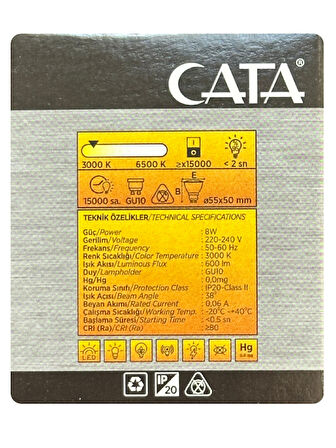 (6 Adet) Cata 8W (50W) 3000K (Sarı Işık) GU10 Duylu Led Spot Ampul