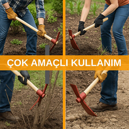 Beylini Bahçe Çapa Kazma Toprak Havalandırma Yabani Ot Temizleme Profesyonel Ergonomik Ahşap Kırmızı 40 cm