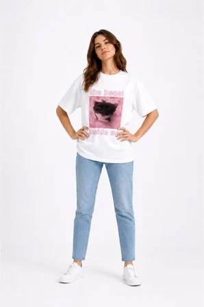 The Beast Inside Me Baskılı Unisex Oversize Tişört Siyah Kedi Grafik Tasarım %100 Pamuk Streetwear Tişört