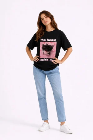 The Beast Inside Me Baskılı Unisex Oversize Tişört Siyah Kedi Grafik Tasarım %100 Pamuk Streetwear Tişört