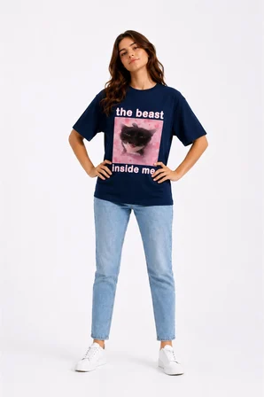 The Beast Inside Me Baskılı Unisex Oversize Tişört Siyah Kedi Grafik Tasarım %100 Pamuk Streetwear Tişört