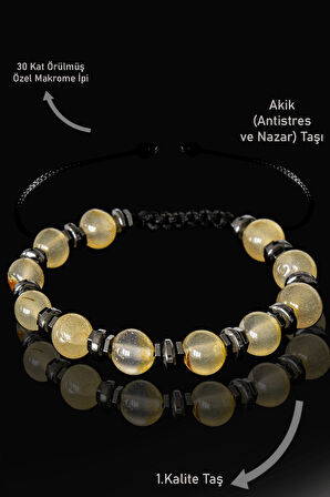 Sertifikalı Gerçek Hematit - Şeffaf Sarı Akik Taşı Bileklik