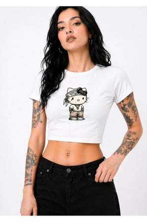 Nevermind Kadın Baby Tee Crop Tişört Bandanalı Kedi Baskılı Street Style Slim Fit Tişört