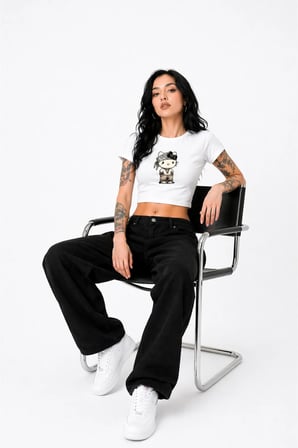 Nevermind Kadın Baby Tee Crop Tişört Bandanalı Kedi Baskılı Street Style Slim Fit Tişört