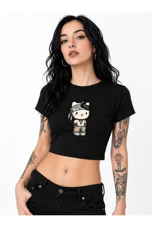 Kadın Baby Tee Crop Tişört Bandanalı Kedi Baskılı Street Style Slim Fit %100 Pamuk