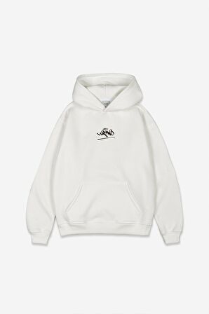 Unisex Ukhwd Baskılı Oversize Kapüşonlu Beyaz Sweatshirt