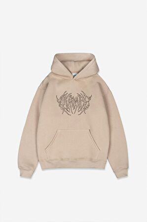 Unisex Baskılı Oversize Kapüşonlu Bej Sweatshirt