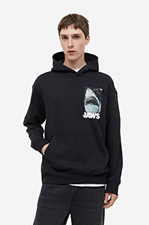 Unisex Jaws Baskılı Oversize Kapüşonlu Siyah Sweatshirt