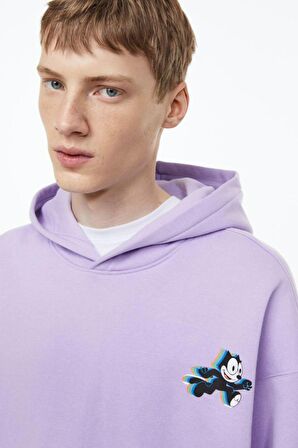 Unisex Felix Baskılı Oversize Kapüşonlu Eflatun Sweatshirt