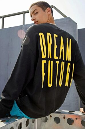 Unisex Dream Future Baskılı Oversize Siyah Bisiklet Yaka Sweatshirt