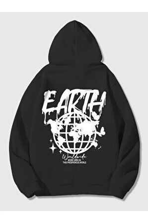 Unisex Earth Baskılı Oversize Kapüşonlu Siyah Sweatshirt