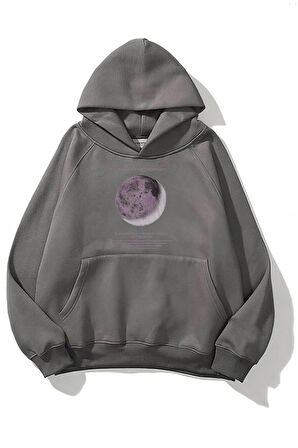 Unisex Moon Baskılı Oversize Kapüşonlu Antrasit Gri Sweatshirt