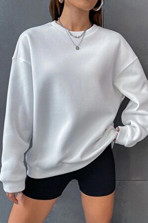 Unisex Brooklyn Baskılı Oversize Beyaz Bisiklet Yaka Sweatshirt