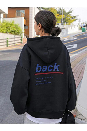 Unisex Back Baskılı Oversize Kapüşonlu Siyah Sweatshirt