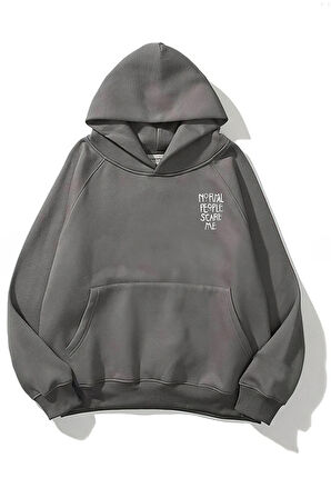 Unisex Normal People Scare Me Baskılı Oversize Kapüşonlu Antrasit Gri Sweatshirt
