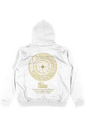 Unisex Polaris Baskılı Oversize Kapüşonlu Beyaz Sweatshirt