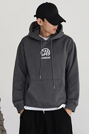 Unisex Candor Baskılı Oversize Kapüşonlu Antrasit Gri Sweatshirt