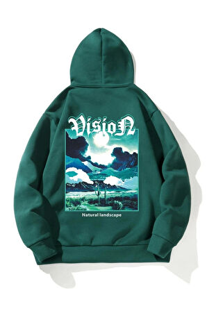 Unisex Vision Baskılı Oversize Kapüşonlu Yeşil Sweatshirt