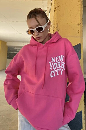 Unisex New York City Baskılı Oversize Kapüşonlu Pembe Sweatshirt