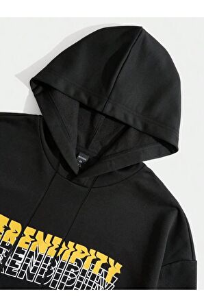 Unisex Serendipty Baskılı Oversize Kapüşonlu Siyah Sweatshirt