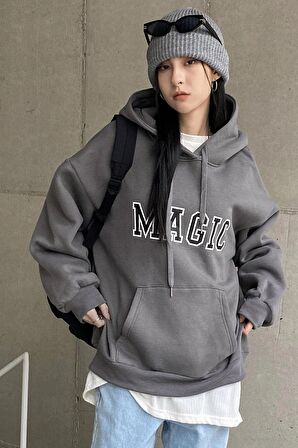 Unisex Magic Baskılı Oversize Kapüşonlu Koyu Gri Sweatshirt